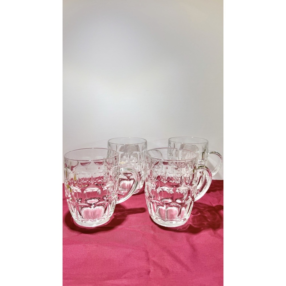 Set 4 ARCOROC FRANCE Vintage Clear Glass Beer Barrel Heavy Mug Stein Dimple